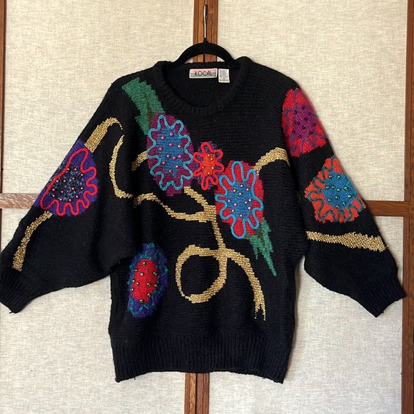 Vintage 80s Kocal Oversized Sweater Beaded Embroidered Floral Dolman Sleeve - Picture 1 of 9